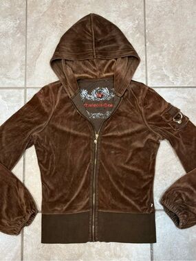 Y2K/VINTAGE TWISTED HEART BROWN VELOUR/VELVET HOODIE